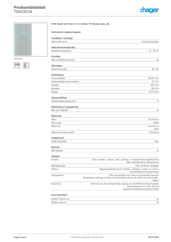 Afbeelding Hager Productdatablad 75643034 | Hager Nederland