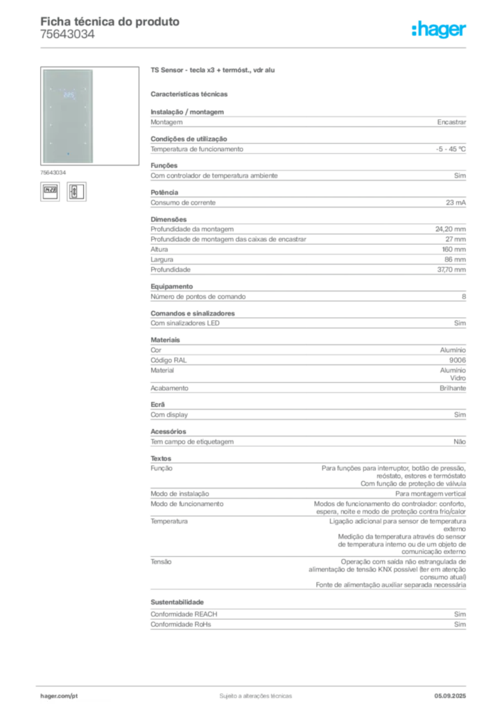 Imagem Hager Ficha técnica do produto 75643034 | Hager Portugal