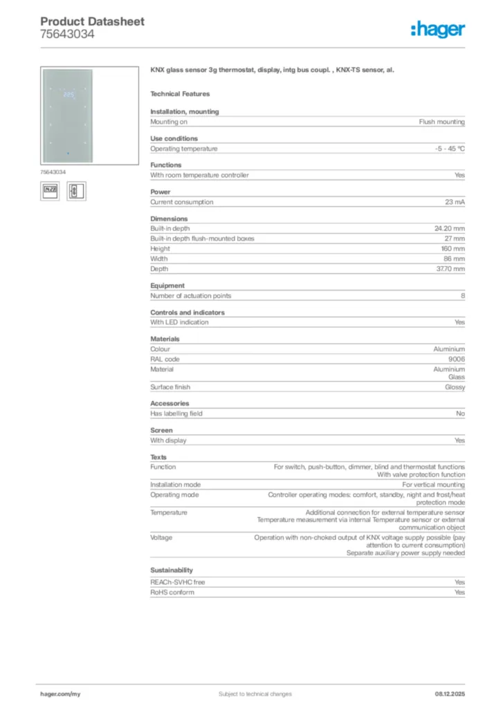 Image Hager Product data sheet 75643034  | Hager