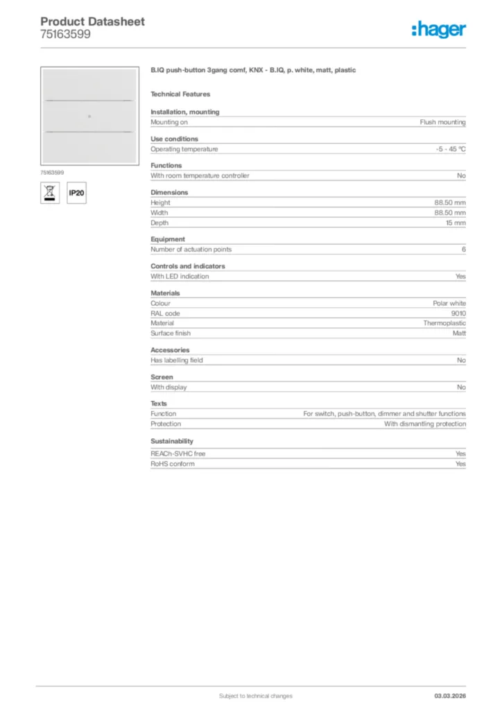 Image Hager Product data sheet 75163599  | Hager Africa