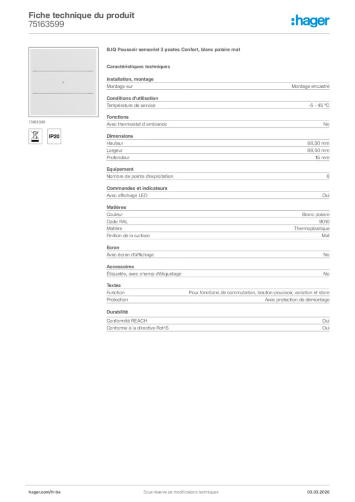 Image Hager Fiche technique du produit 75163599 | Hager Belgique