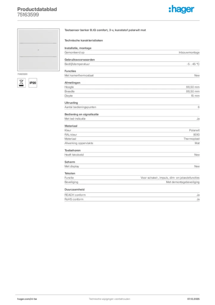Afbeelding Hager Productdatablad 75163599 | Hager Belgium