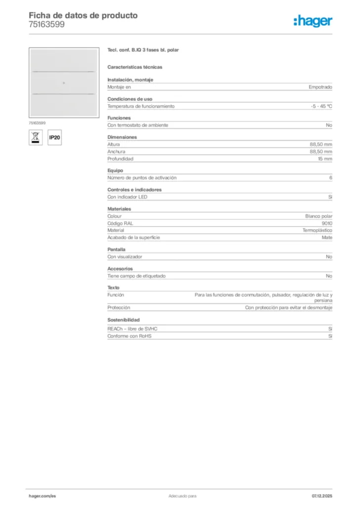 Imagen Hager Ficha de datos de producto 75163599 | Hager España