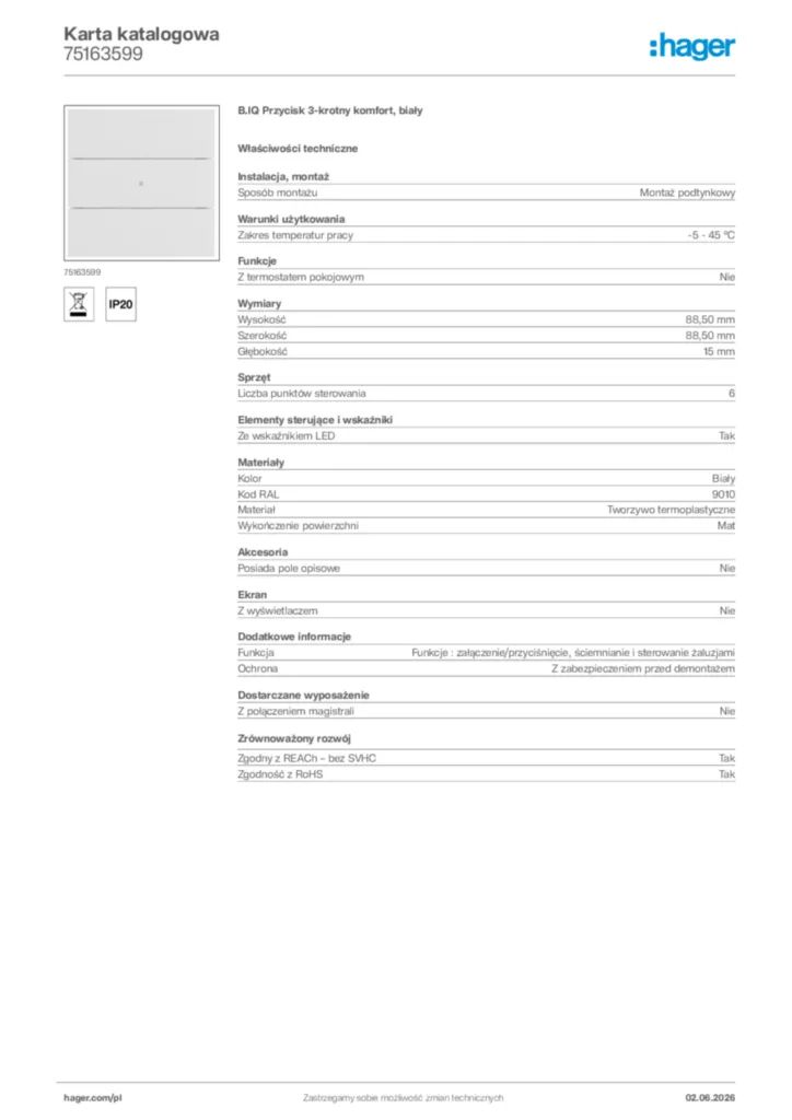 Zdjęcie Hager Karta katalogowa 75163599 | Hager Polska