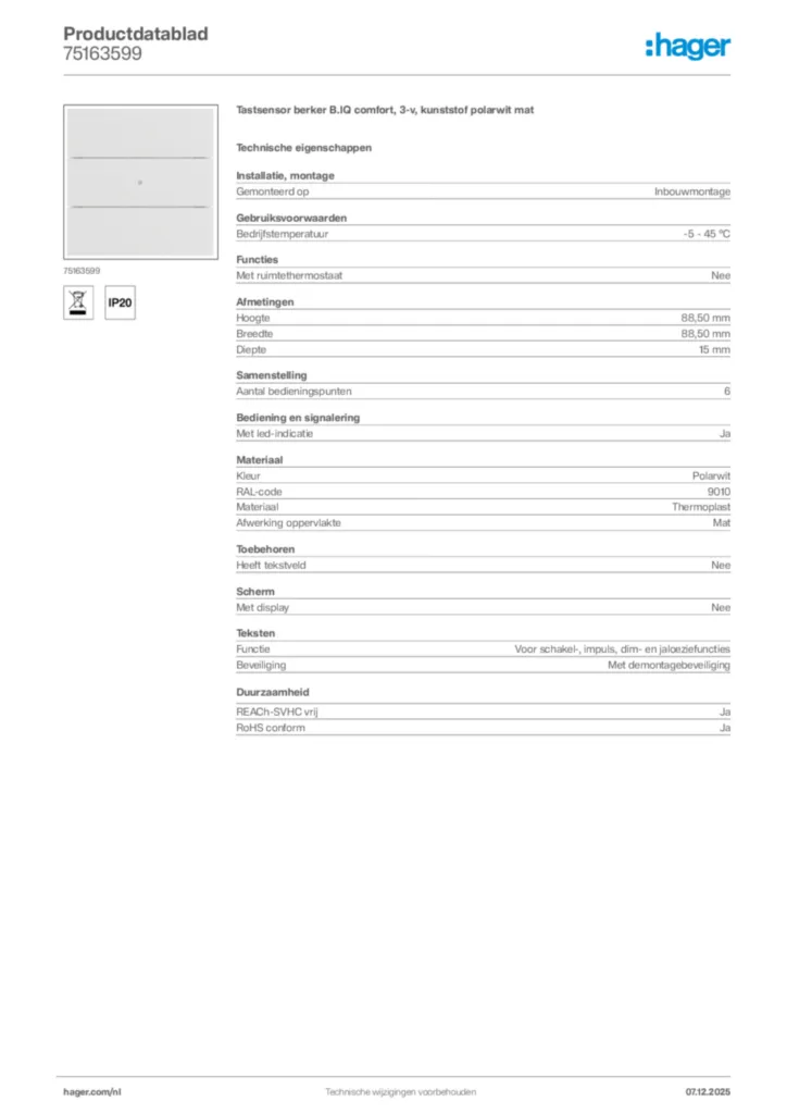 Afbeelding Hager Productdatablad 75163599 | Hager Nederland