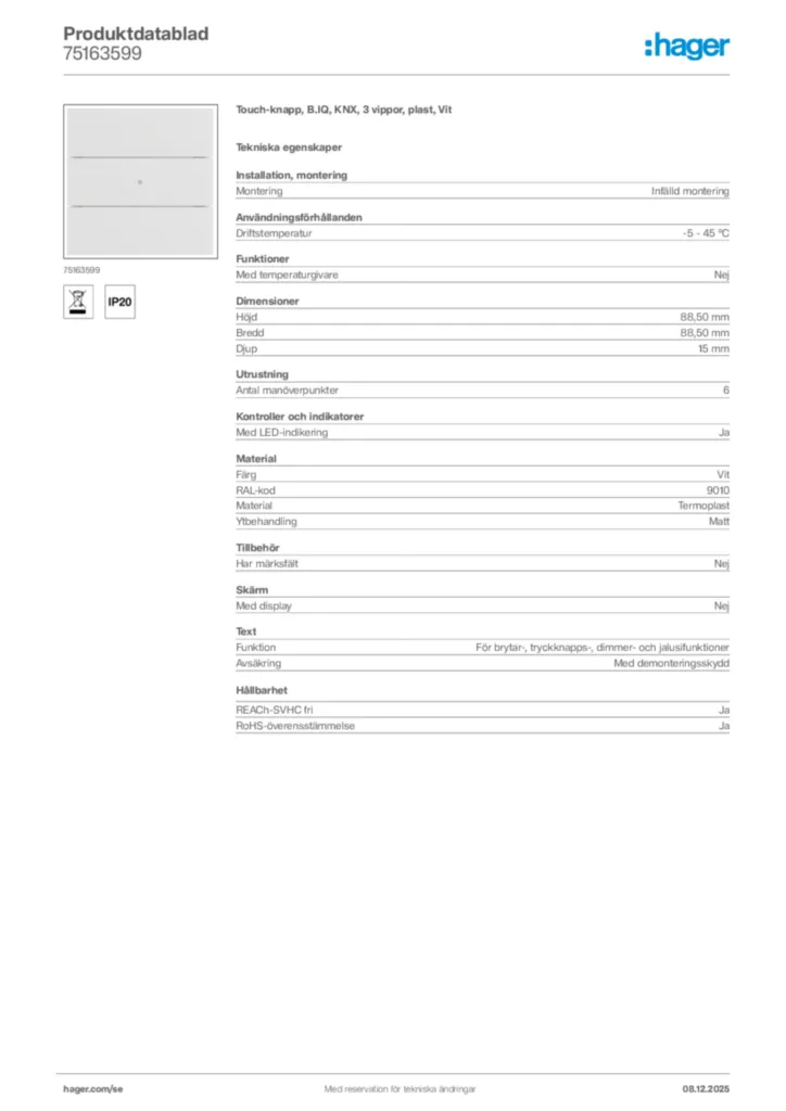 Bild Hager Produktdatablad 75163599 | Hager Sverige