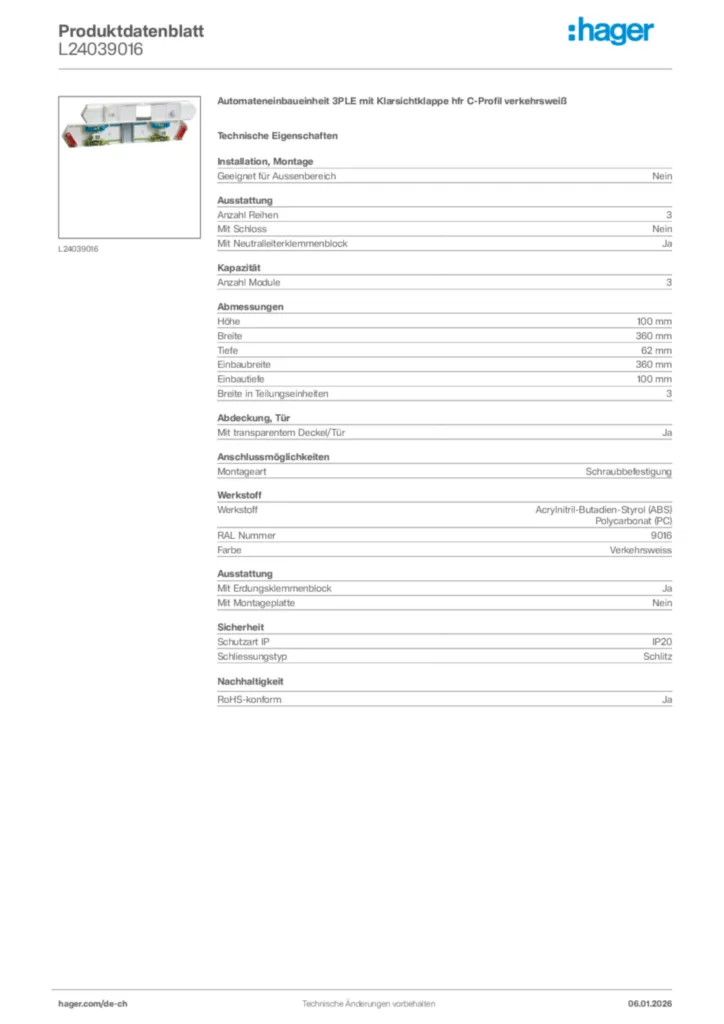 Bild Hager Produktdatenblatt L24039016 | Hager Schweiz