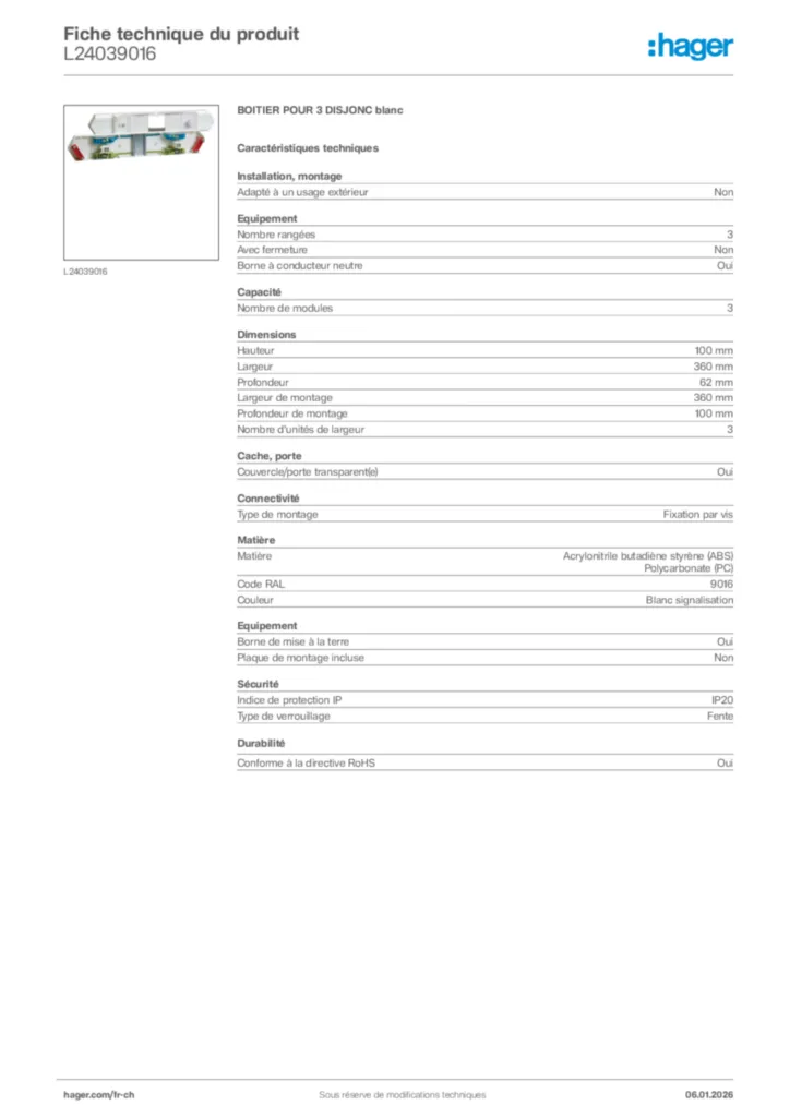 Image Hager Fiche technique du produit L24039016 | Hager Suisse
