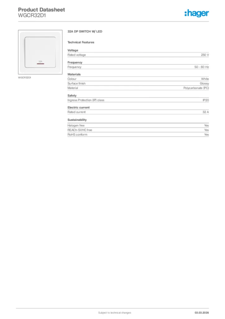 Image Hager Product data sheet WGCR32D1  | Hager Africa