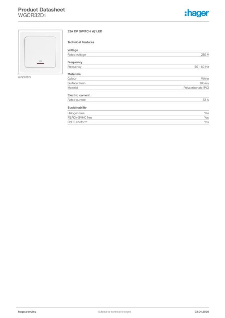 Image Hager Product data sheet WGCR32D1  | Hager