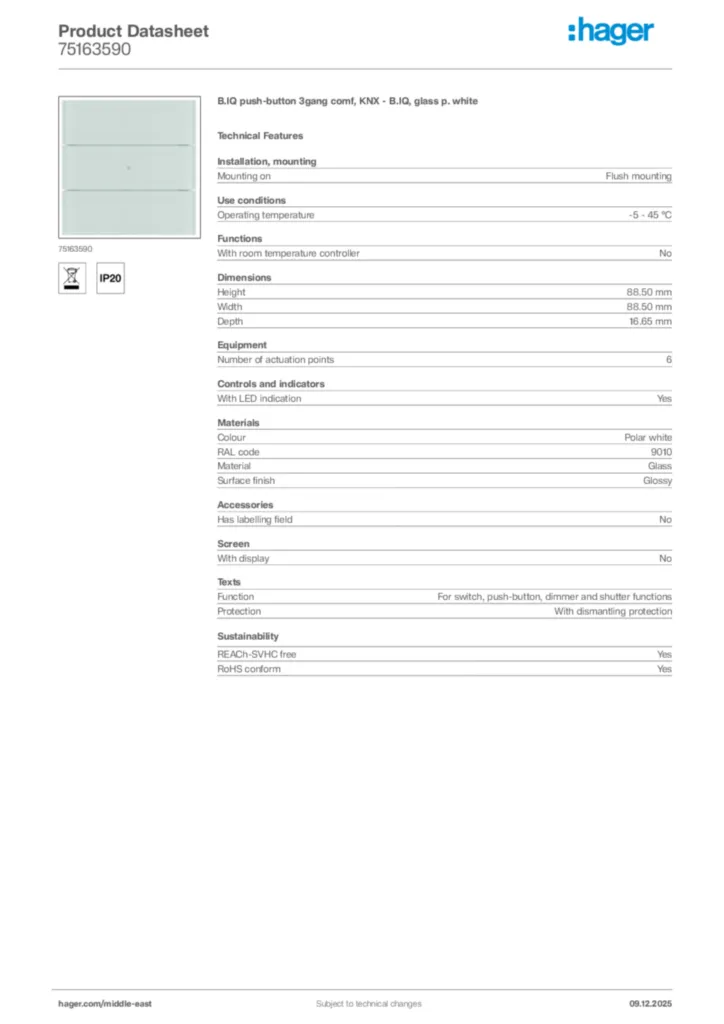 Image Hager Product data sheet 75163590  | Hager