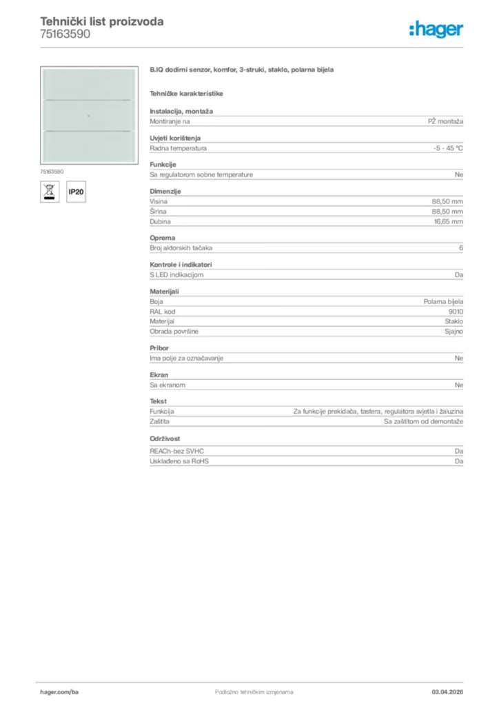 Slika Hager Tehnički list proizvoda 75163590  | Hager