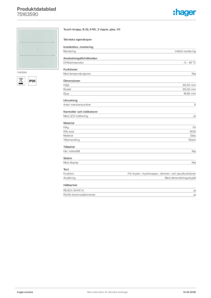 Bild Hager Produktdatablad 75163590 | Hager Sverige