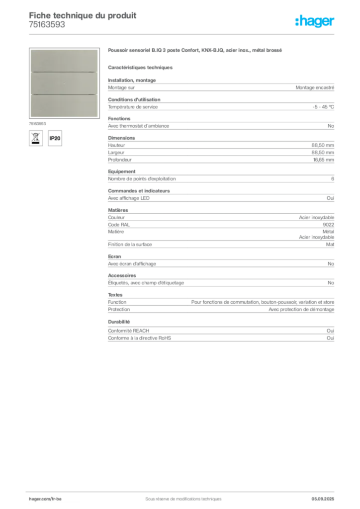 Image Hager Fiche technique du produit 75163593 | Hager Belgique
