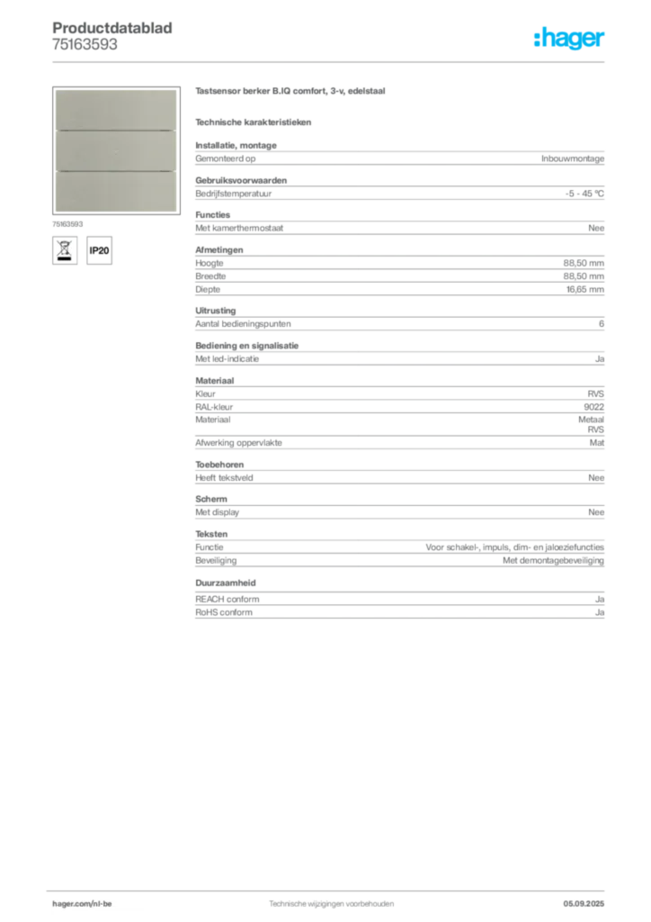 Afbeelding Hager Productdatablad 75163593 | Hager Belgium