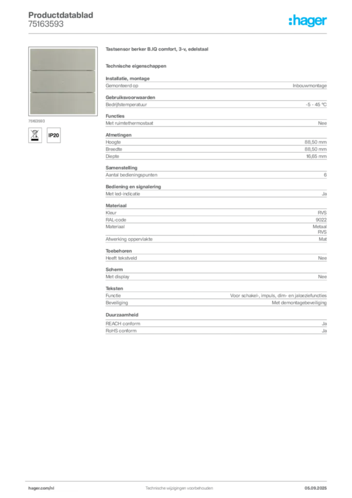 Afbeelding Hager Productdatablad 75163593 | Hager Nederland