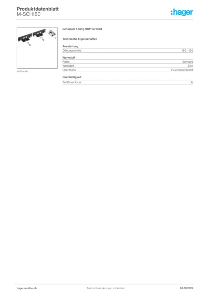 Bild Hager Produktdatenblatt M-SCH180 | Hager Schweiz