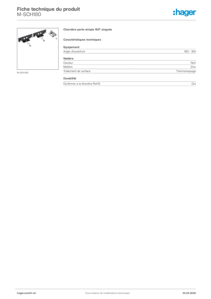Image Hager Fiche technique du produit M-SCH180 | Hager Suisse