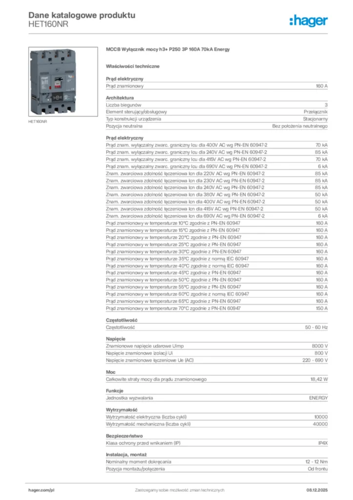 Zdjęcie Hager Karta katalogowa HET160NR | Hager Polska