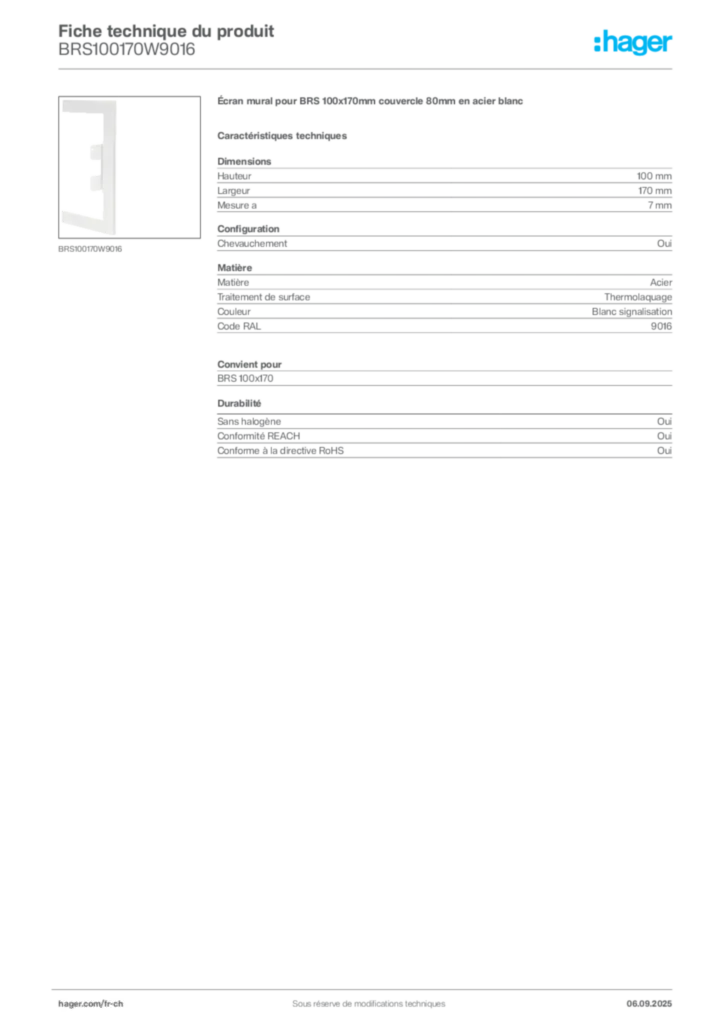 Image Hager Fiche technique du produit BRS100170W9016 | Hager Suisse
