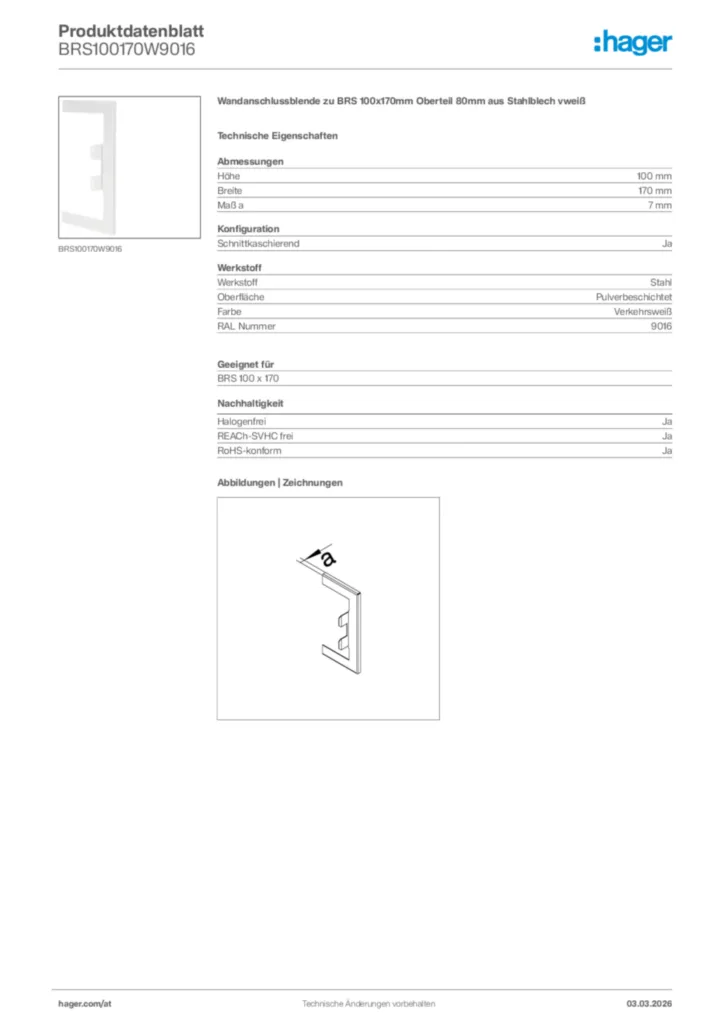 Bild Hager Produktdatenblatt BRS100170W9016 | Hager Deutschland