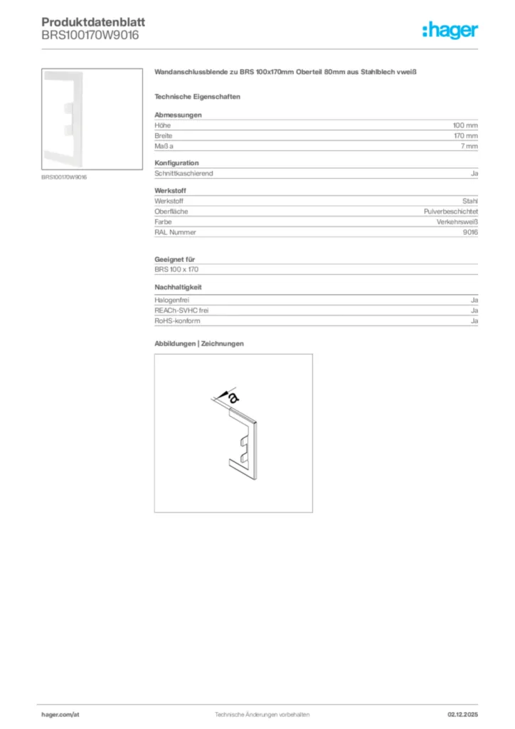 Bild Hager Produktdatenblatt BRS100170W9016 | Hager Deutschland