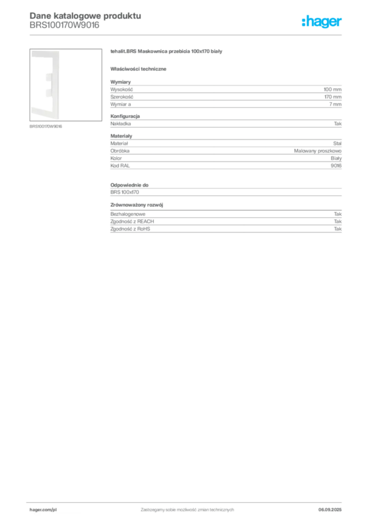 Zdjęcie Hager Dane katalogowe produktu BRS100170W9016 | Hager Polska