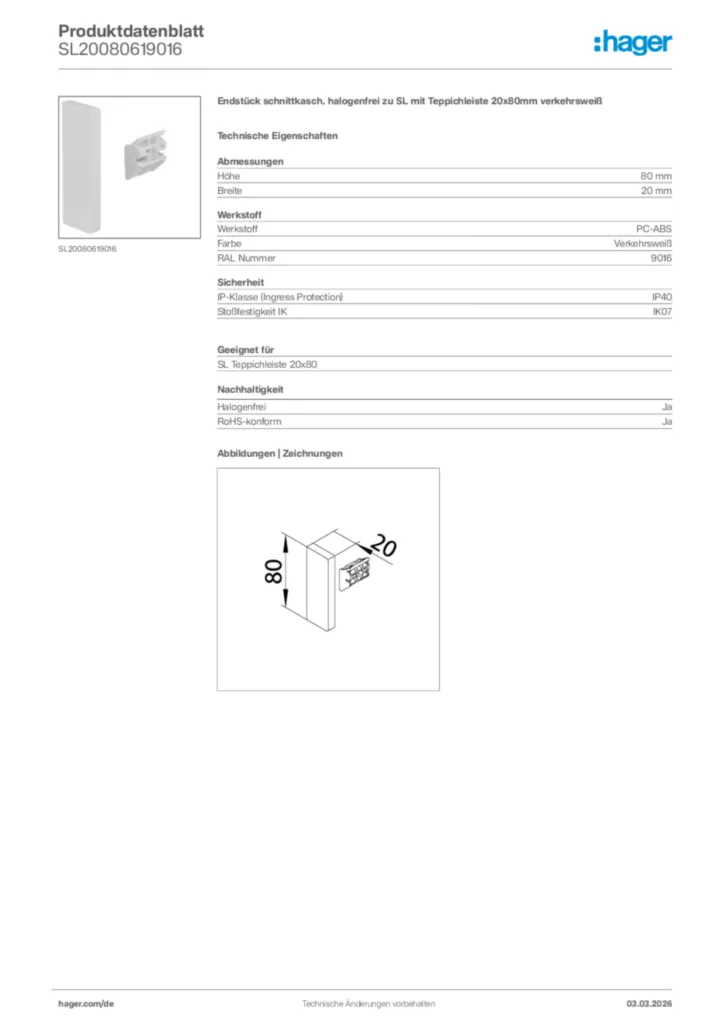 Bild Hager Produktdatenblatt SL20080619016 | Hager Deutschland