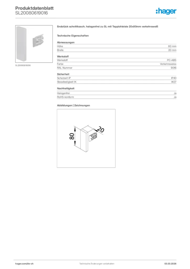 Bild Hager Produktdatenblatt SL20080619016 | Hager Schweiz