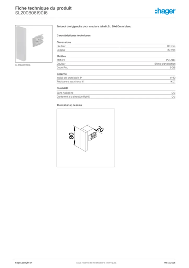 Image Hager Fiche technique du produit SL20080619016 | Hager Suisse