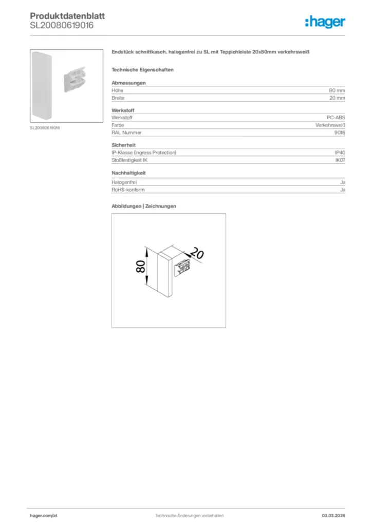 Bild Hager Produktdatenblatt SL20080619016 | Hager Deutschland