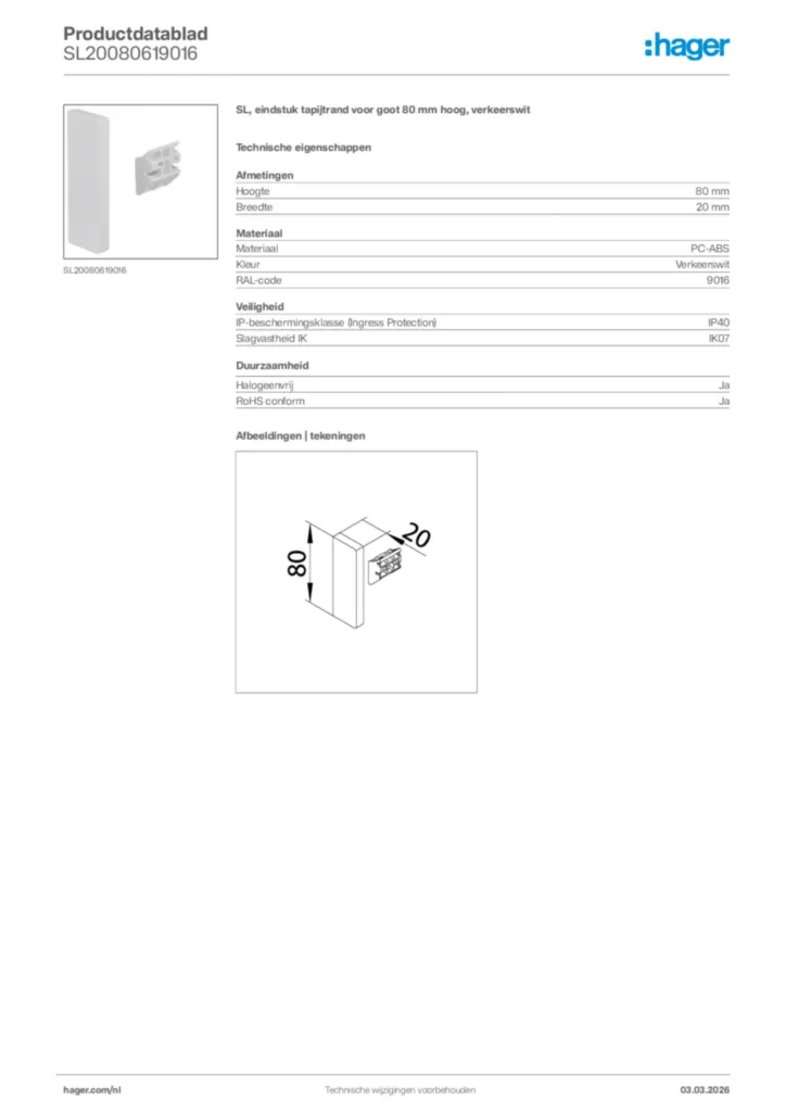Afbeelding Hager Productdatablad SL20080619016 | Hager Nederland