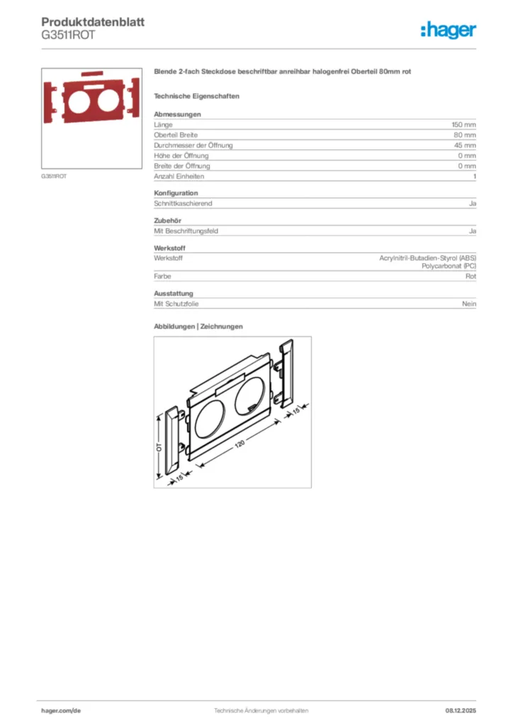 Bild Hager Produktdatenblatt G3511ROT | Hager Deutschland