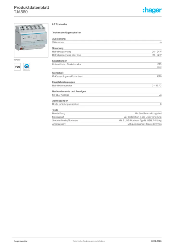 Bild Hager Produktdatenblatt TJA560 | Hager Deutschland