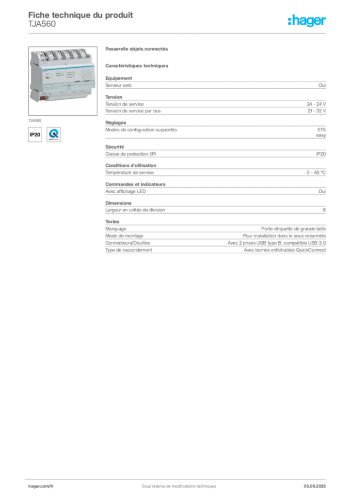 Image Hager Fiche technique du produit TJA560 | Hager France