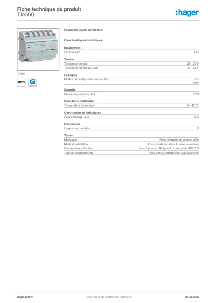 Image Hager Fiche technique du produit TJA560 | Hager France