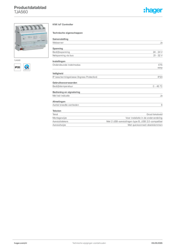 Afbeelding Hager Productdatablad TJA560 | Hager Nederland