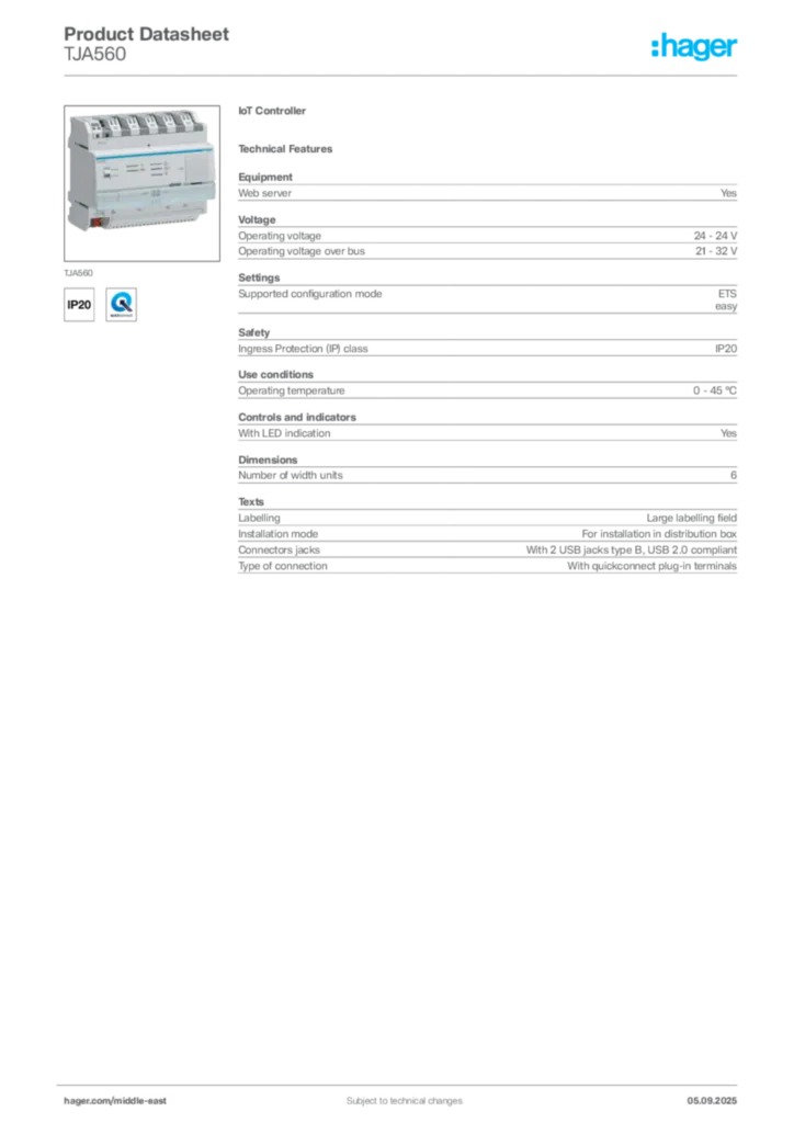 Image Hager Product data sheet TJA560  | Hager