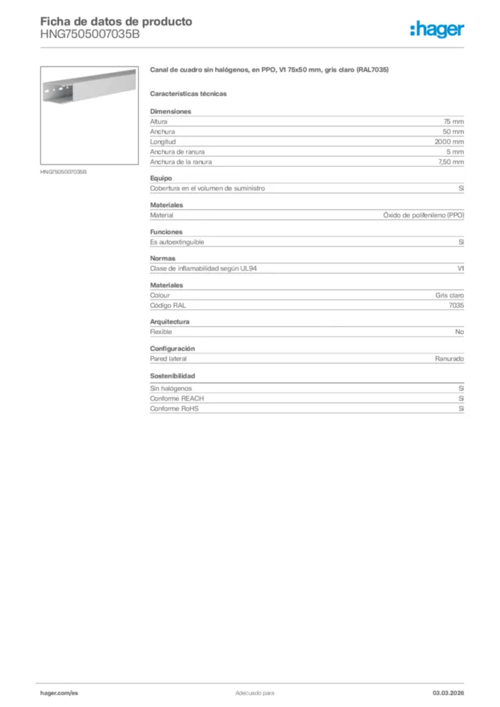 Imagen Hager Ficha de datos de producto HNG7505007035B | Hager España