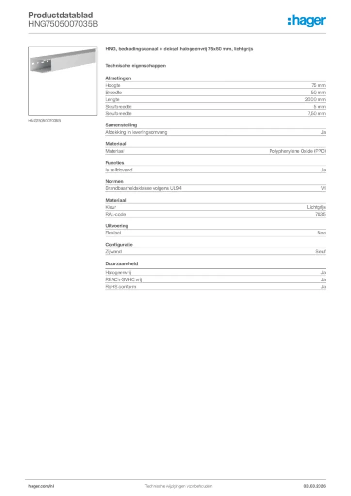 Afbeelding Hager Productdatablad HNG7505007035B | Hager Nederland