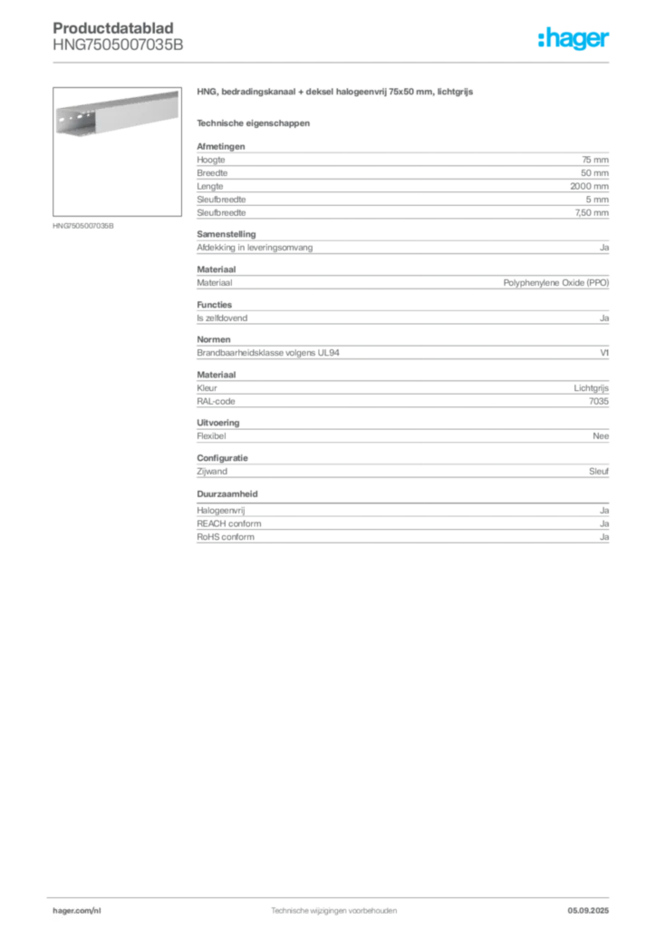 Afbeelding Hager Productdatablad HNG7505007035B | Hager Nederland