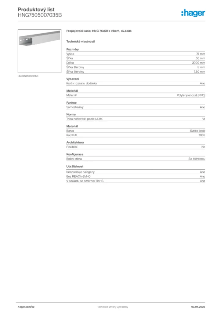 Obrázek Hager Product data sheet HNG7505007035B | Hager
