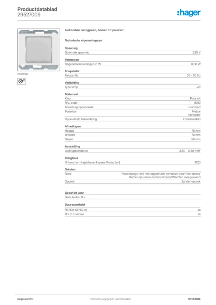 Afbeelding Hager Productdatablad 29527009 | Hager Nederland