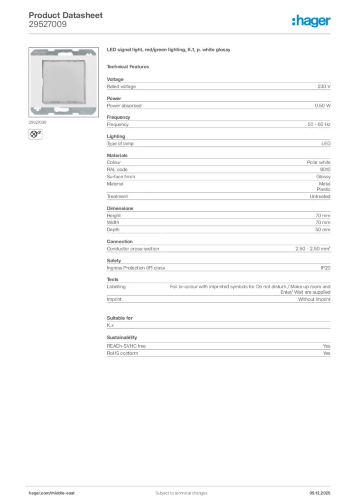 Image Hager Product data sheet 29527009  | Hager