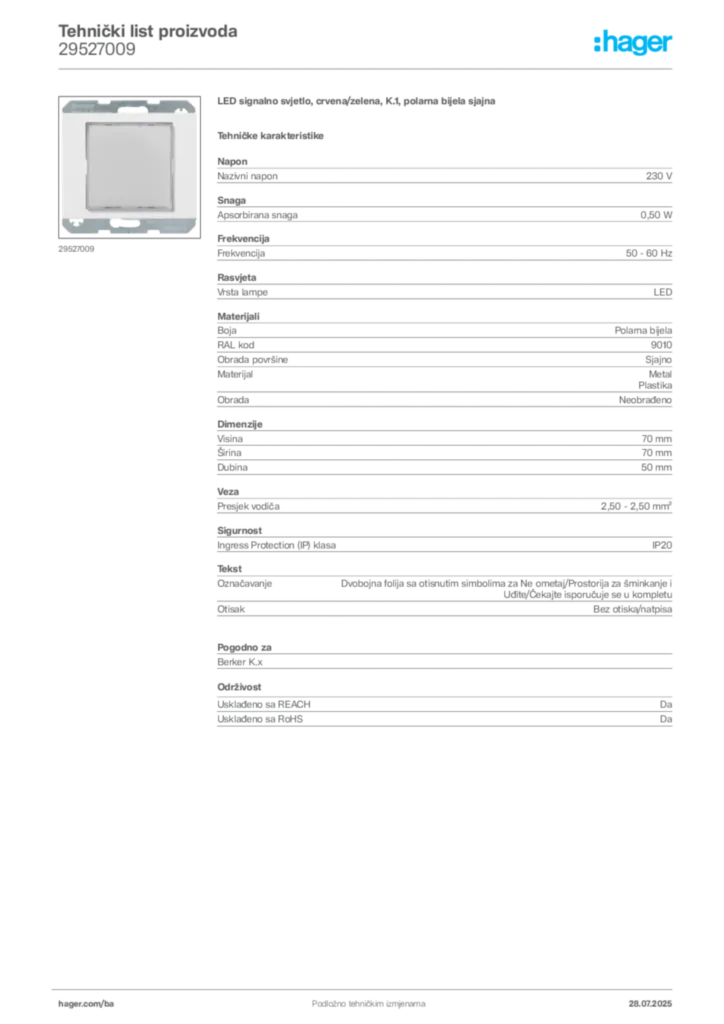 Slika Hager Product data sheet 29527009  | Hager