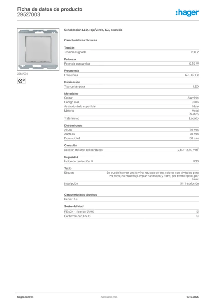 Imagen Hager Ficha de datos de producto 29527003 | Hager España