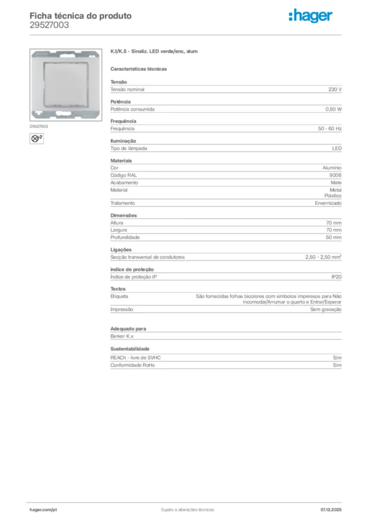 Imagem Hager Ficha técnica do produto 29527003 | Hager Portugal