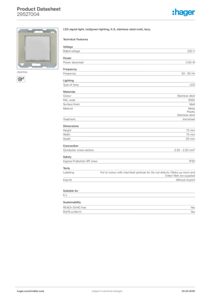 Image Hager Product data sheet 29527004  | Hager