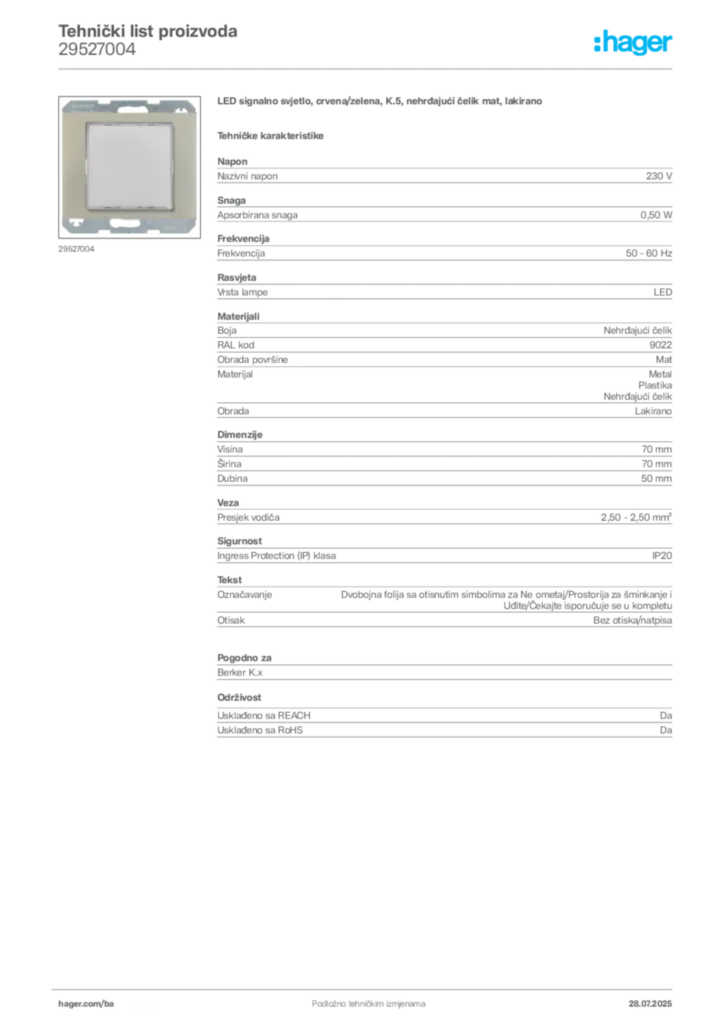 Slika Hager Product data sheet 29527004  | Hager