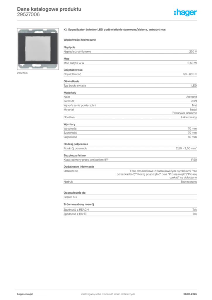 Zdjęcie Hager Dane katalogowe produktu 29527006 | Hager Polska